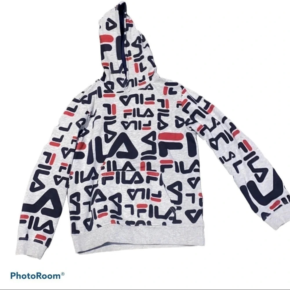 FILA multi coloured logo printed unisex boy hoodie Sz XL